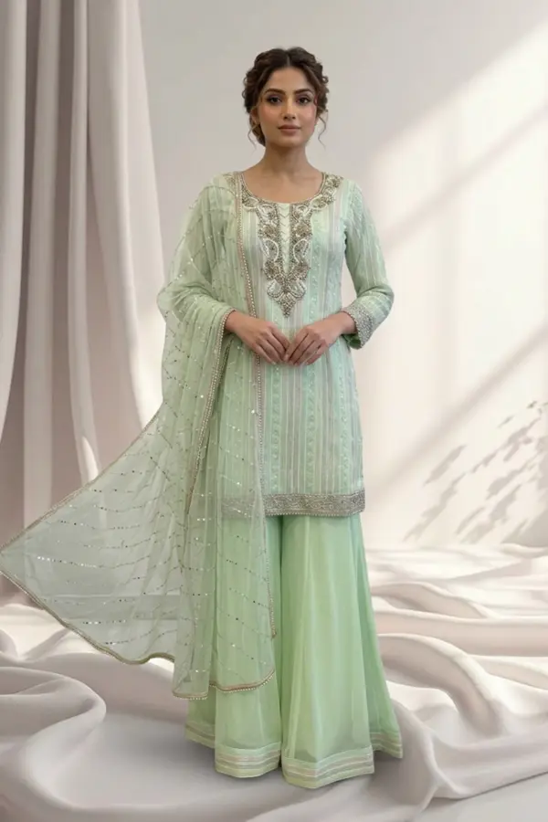 3 Piece embroidered sharara suit - Mint, 42