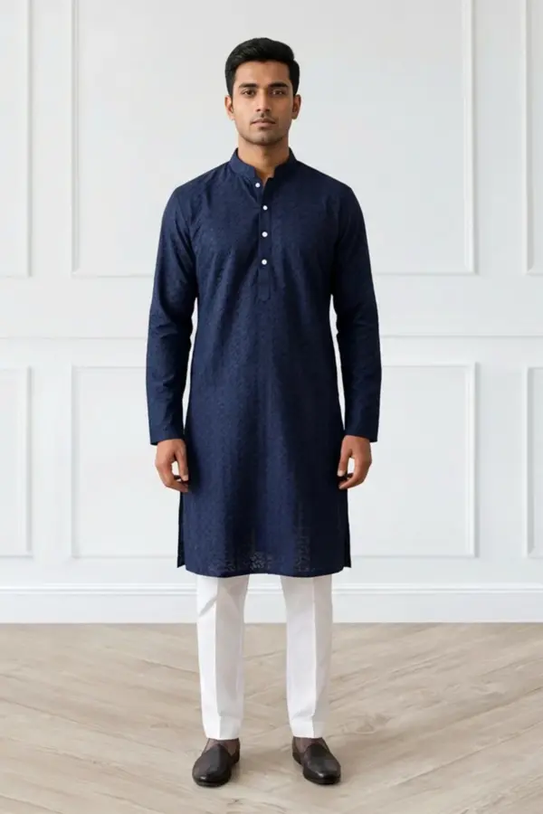 Men's 2 piece chikan kari embroidered kurta set - Navy, 36