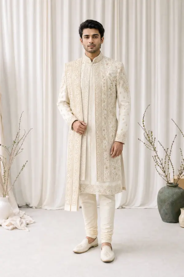 Men's 3 piece luxury embroidered sherwani - OWHITE, 42
