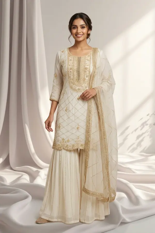 Amreen wedding collection 3 piece gharara suit - Cream, 42