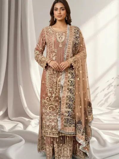 Imrozia collection 3 piece net embroidered sharara suit - DPINK, Large