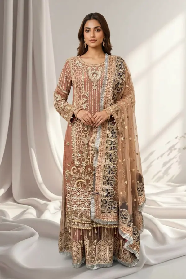 Imrozia collection 3 piece net embroidered sharara suit - DPINK, Large