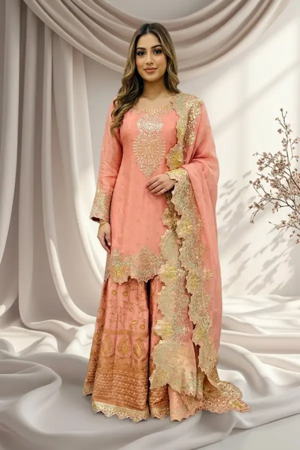 Sandali luxe silk 3 piece sharara suit - Pink, FREE SIZE