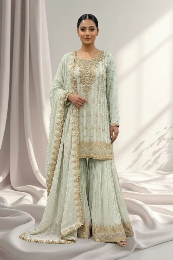 Parwan premium luxe collection 3 piece embroidered suit - SGREEN, 42