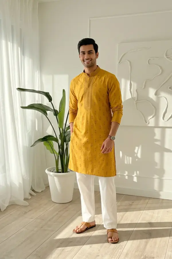 Mens kurta with trouser - Yellow, 40