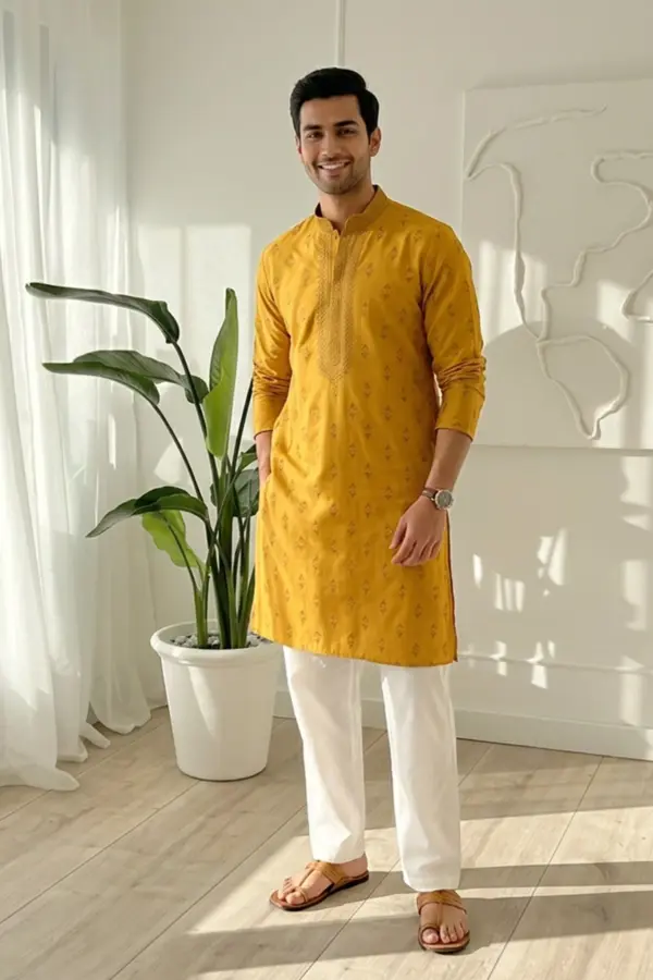 Mens kurta with trouser - Yellow, 40