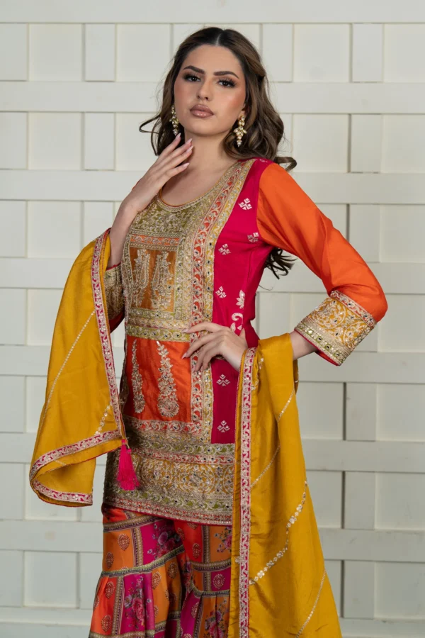 Luxury 3 piece chiffon gharara suit - Image 4