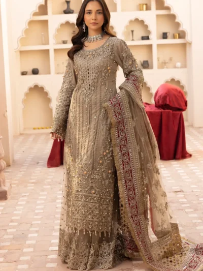 Premium luxe 3 piece Imrozia sharara collection - Khakhi, Large