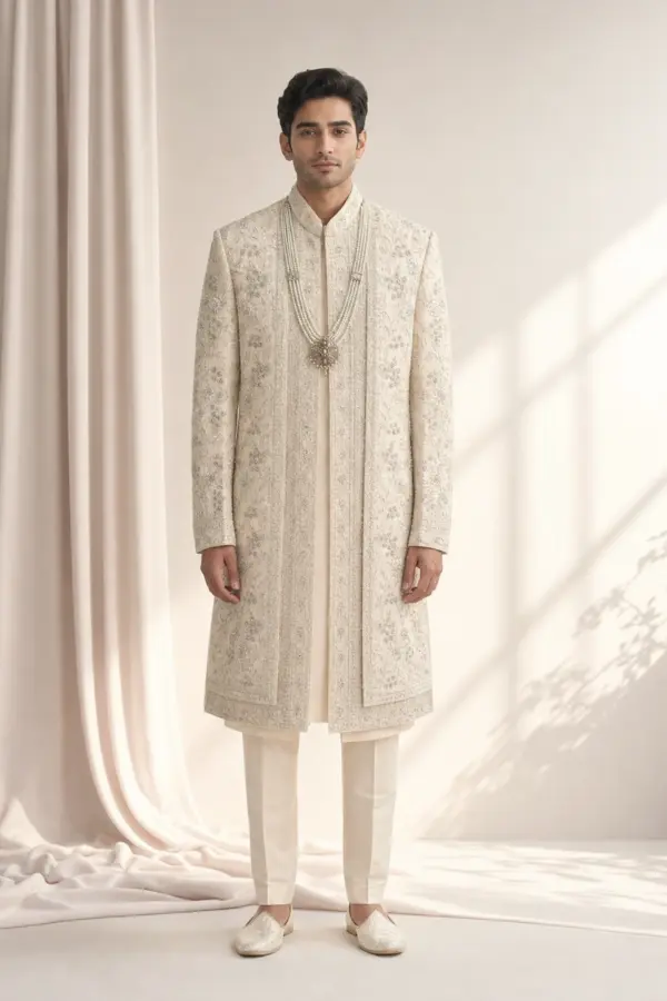 Men's embroidered sherwani set with maala - Cream, 40