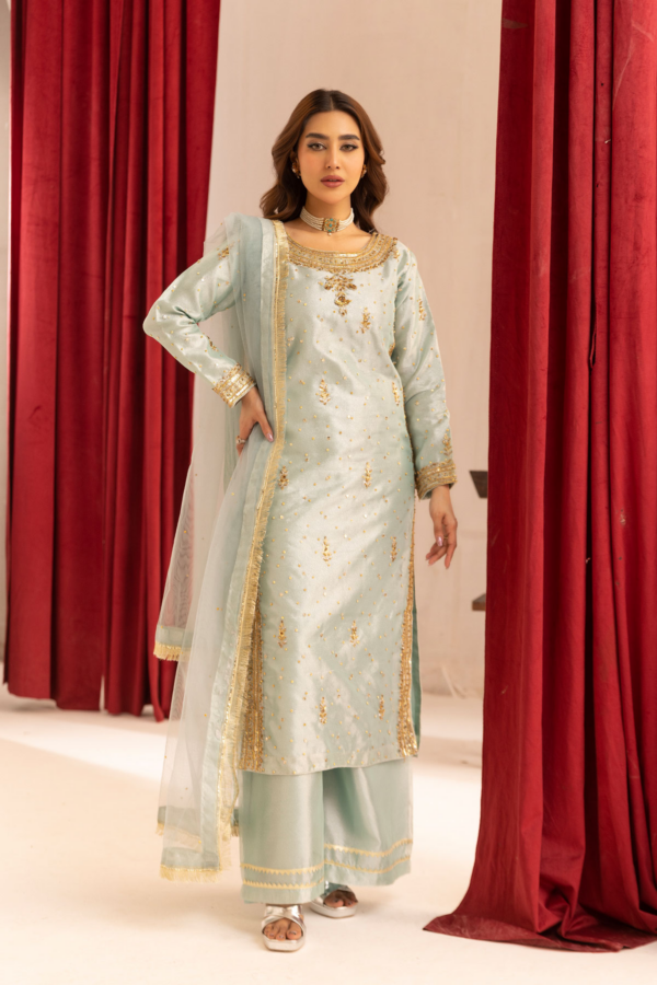 Emre collection 3 piece embroidered raw silk suit