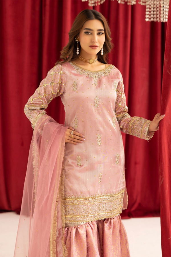 Emre Eid collection 3 piece raw silk embroidered gharara suit - Image 3