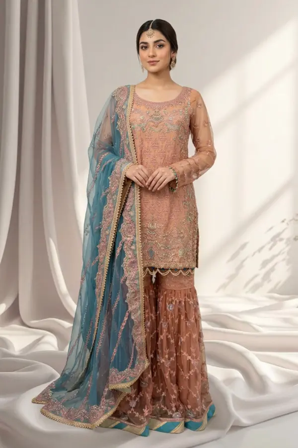 Ursiya premium luxe collection 3 piece gharara suit - Beige, X - Large