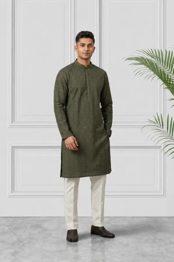 Embroidered cotton Men's kurta pyjama - MEHNDI, 50