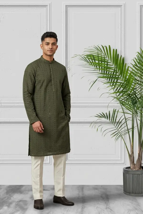 Embroidered cotton Men's kurta pyjama - MEHNDI, 50