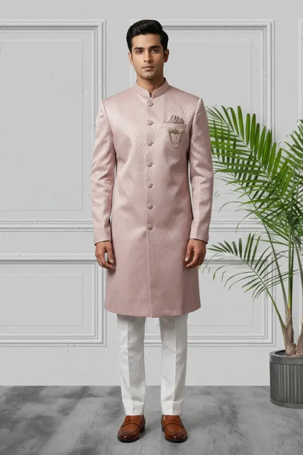 Luxe textured raw silk sherwani set - Pink, 40