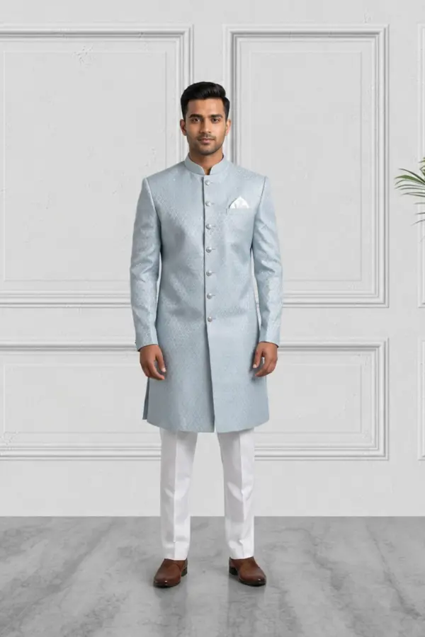 Premium raw silk luxe Men's sherwani - SBLUE, 40