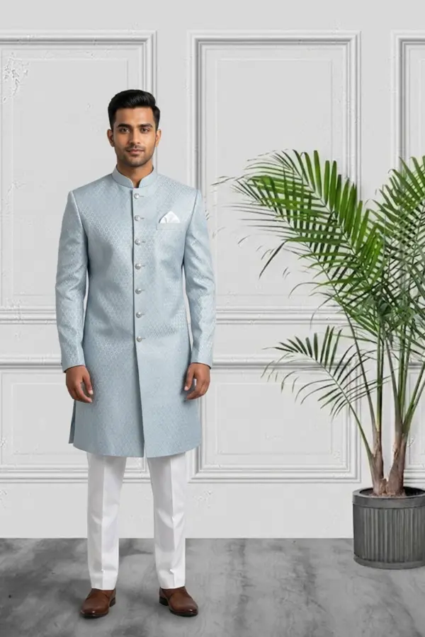 Premium raw silk luxe Men's sherwani - SBLUE, 40