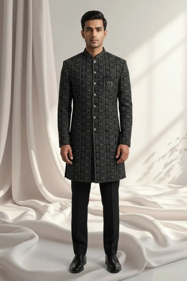 Men's luxe embroidered kurta pyjama - Black, 44