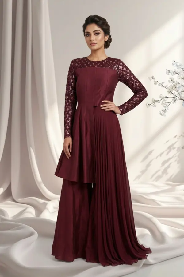 Shiffonz indo western elegant side long tail suit - Plum, Small