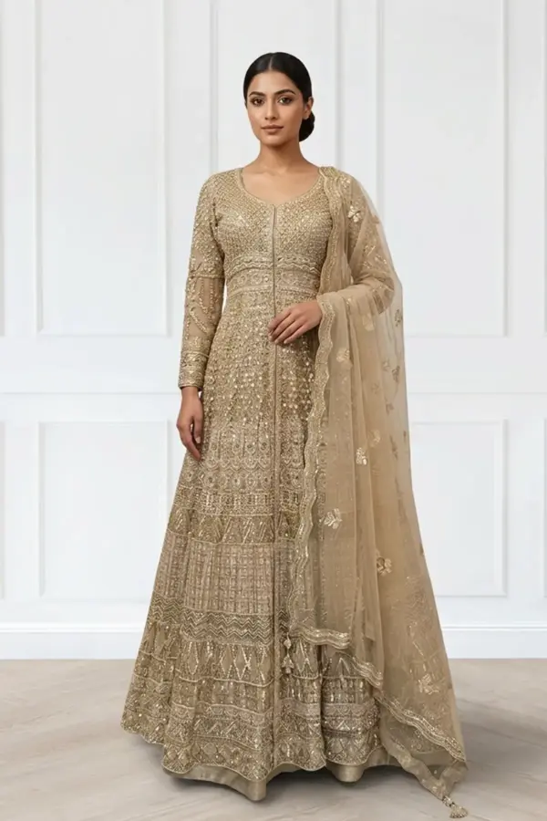 Shiffonz 2 piece heavy embroidered gown - Beige, 40