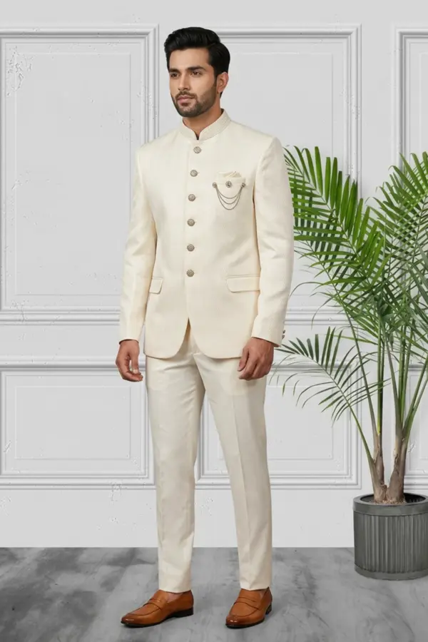 Textured raw silk prince coat sherwani - White, 40