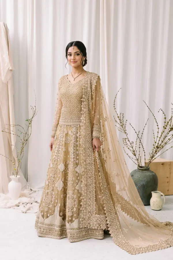 Qalamkar 3 piece luxe embroidered lengha choli - DBEIGE, X - Large