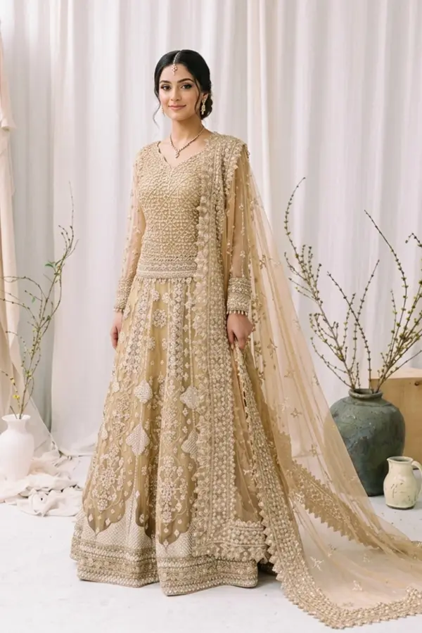 Qalamkar 3 piece luxe embroidered lengha choli - DBEIGE, X - Large