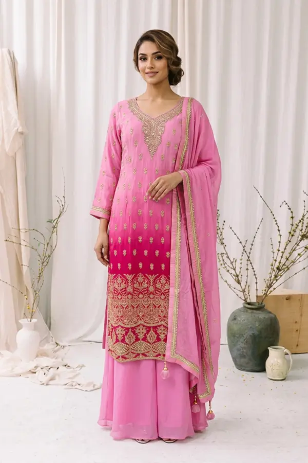 Ariya collection 3 piece sharara embroidered suit - Pink, 40
