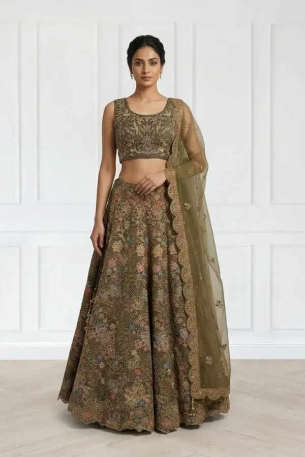 Shiffonz premium net embroidered lengha choli - MEHNDI, 38