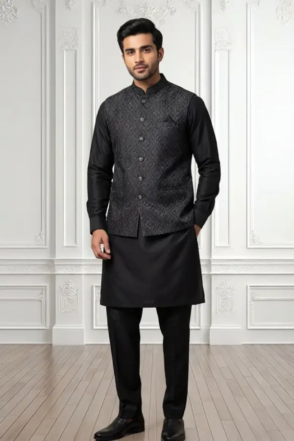Men's kurta set with waistcoat - Black, 40