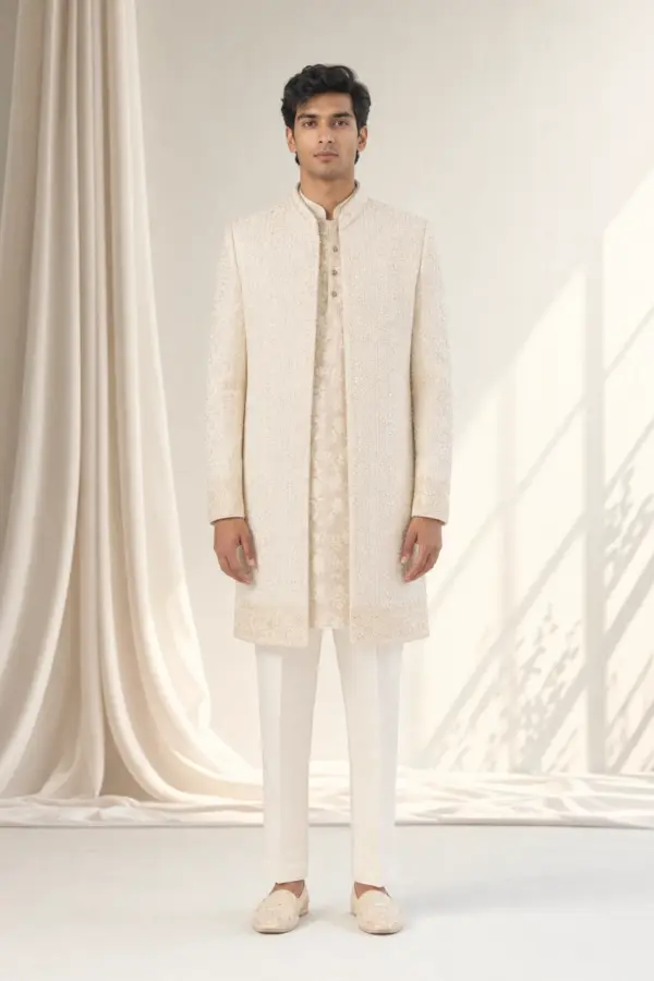 Men's 3 piece textured sherwani set - White, 40