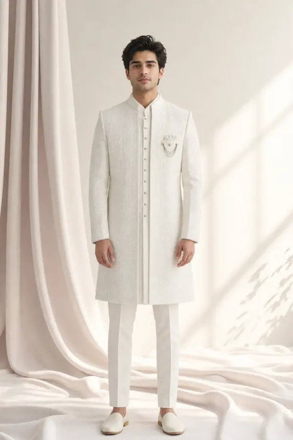 Men's luxury jacket style sherwani with trouser - White, 44