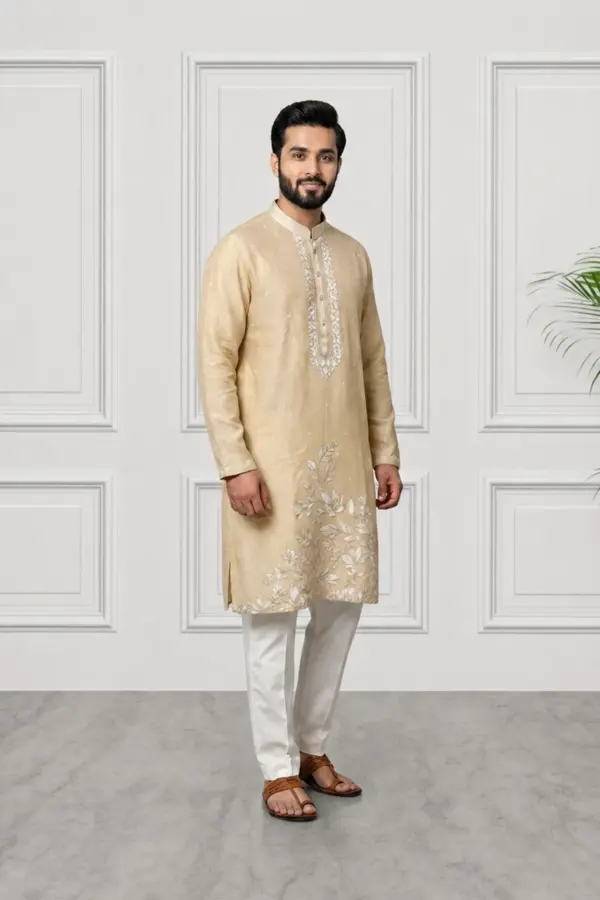 Men's elegance embroidered kurta pyjama - Cream, 42