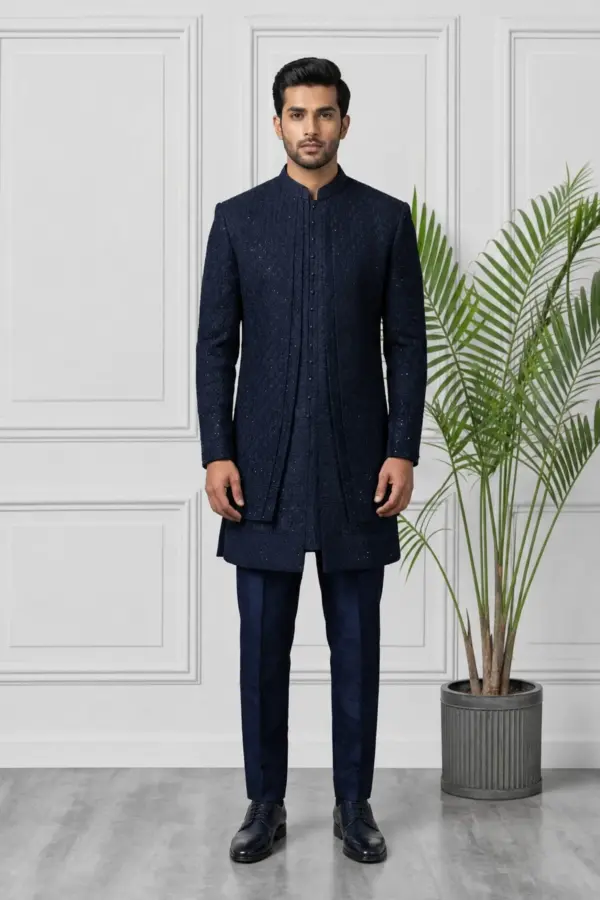 Men's embroidered sherwani with pants - Navy, 42