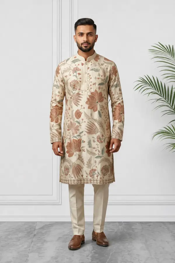 Men's embroidered kurta suit - Cream, 38