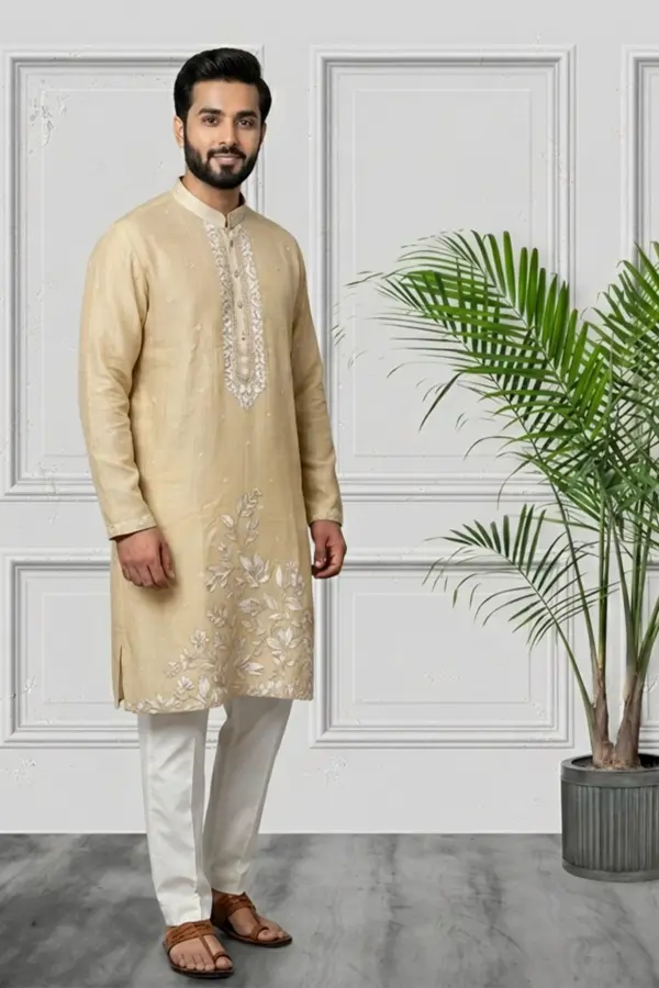 Men's elegance embroidered kurta pyjama - Cream, 42