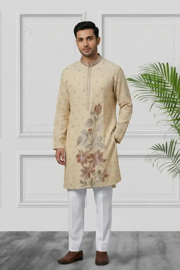 Men's 2 piece floral embroidered kurta pyjama - Cream, 38
