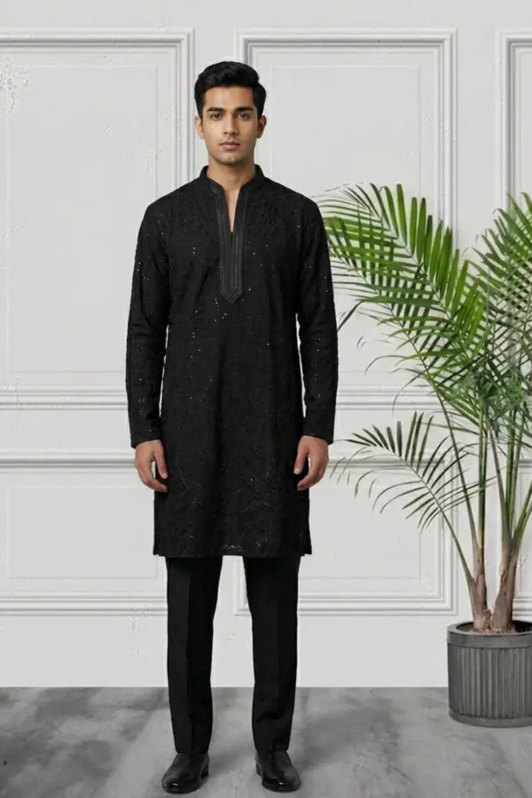 Embroidered Men's luxe kurta pyjama - Black, 38