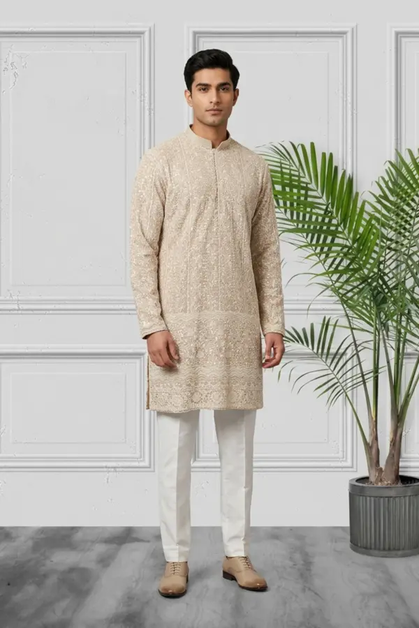 Men's lux embroidered kurta pyjama - Beige, 38