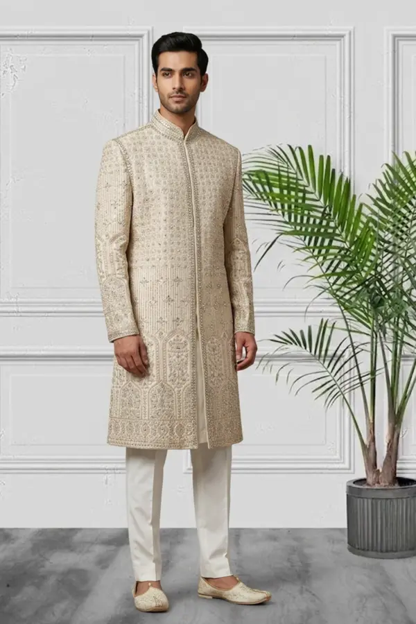 Embroidered raw silk Men's luxe sherwani - Peach, 42