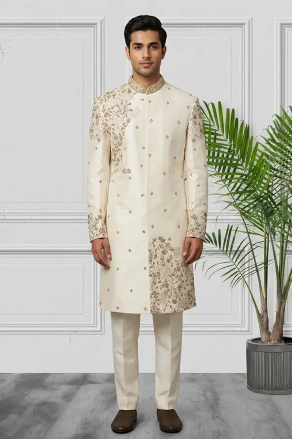 Raw silk Men's embroidered sherwani - OWHITE, 42