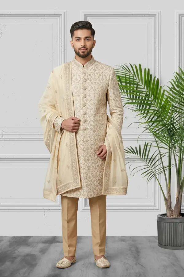 Regal embroidered Men's raw silk sherwani - Beige, 40