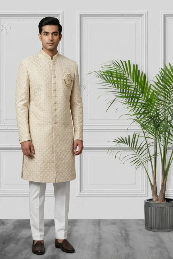 Regal Men's embroidered sherwani - Beige, 40