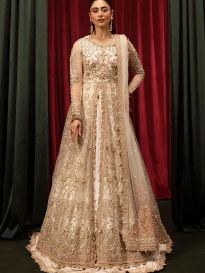 Imrozia 3 piece luxury embroidered long gown - Cream, Medium