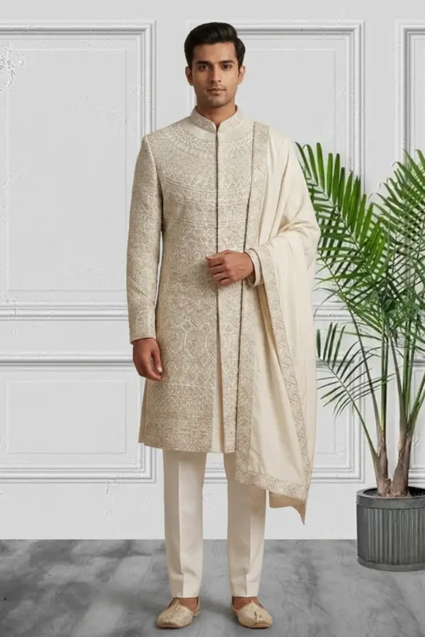 Majesty Men's raw silk sherwani - OWHITE, 42