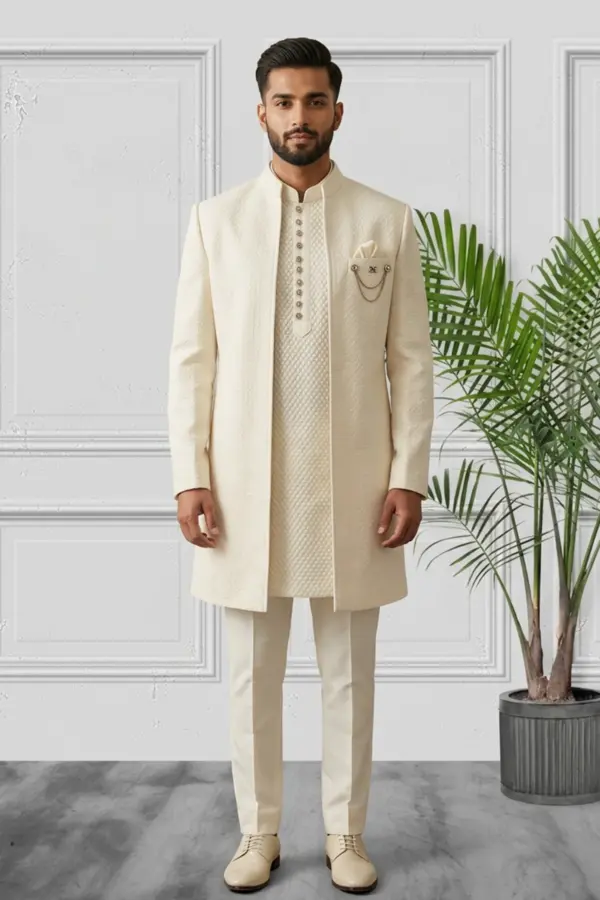 Grace textured Men's embroidered sherwani - OWHITE, 40
