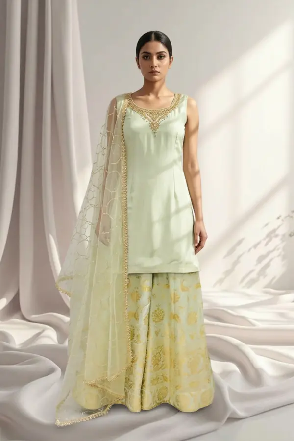 Rubia collection 3 piece embroidered sharara suit - Mint, 40