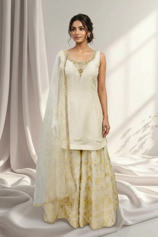 Rubia collection 3 piece embroidered sharara suit - Cream, 38