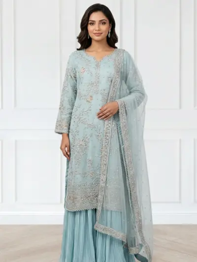 Fiya collection 3 piece raw silk lengha suit - SBLUE, X - Large