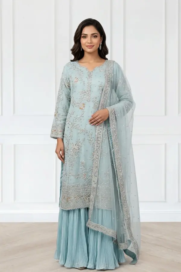 Fiya collection 3 piece raw silk lengha suit - SBLUE, X - Large